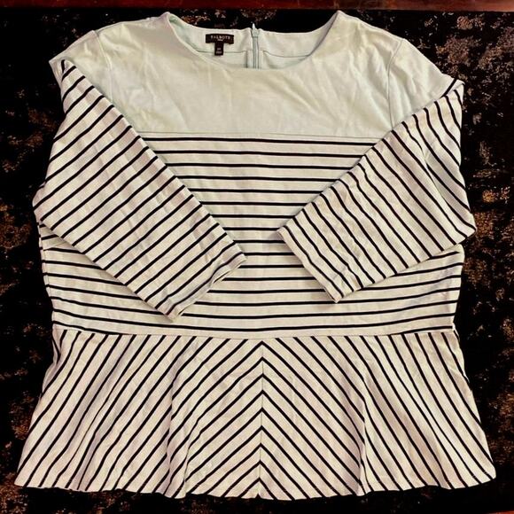 Talbots Woman 2X XXL Light Blue Black Striped blouse 3/4 sleeve Zip Back Peplan - Picture 2 of 10